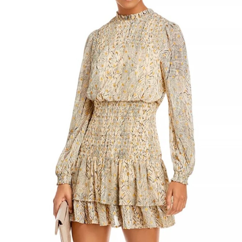 AQUA Dot Long Sleeve Smocked Mini Dress - Size Small